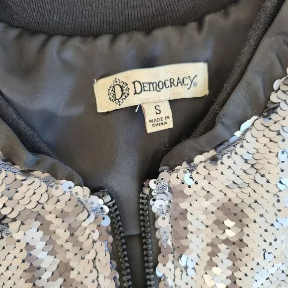 Democracy Sequin Embellished Satin Bomber Jacket Glam Disco Festival Party Cute - Picture 5 of 10